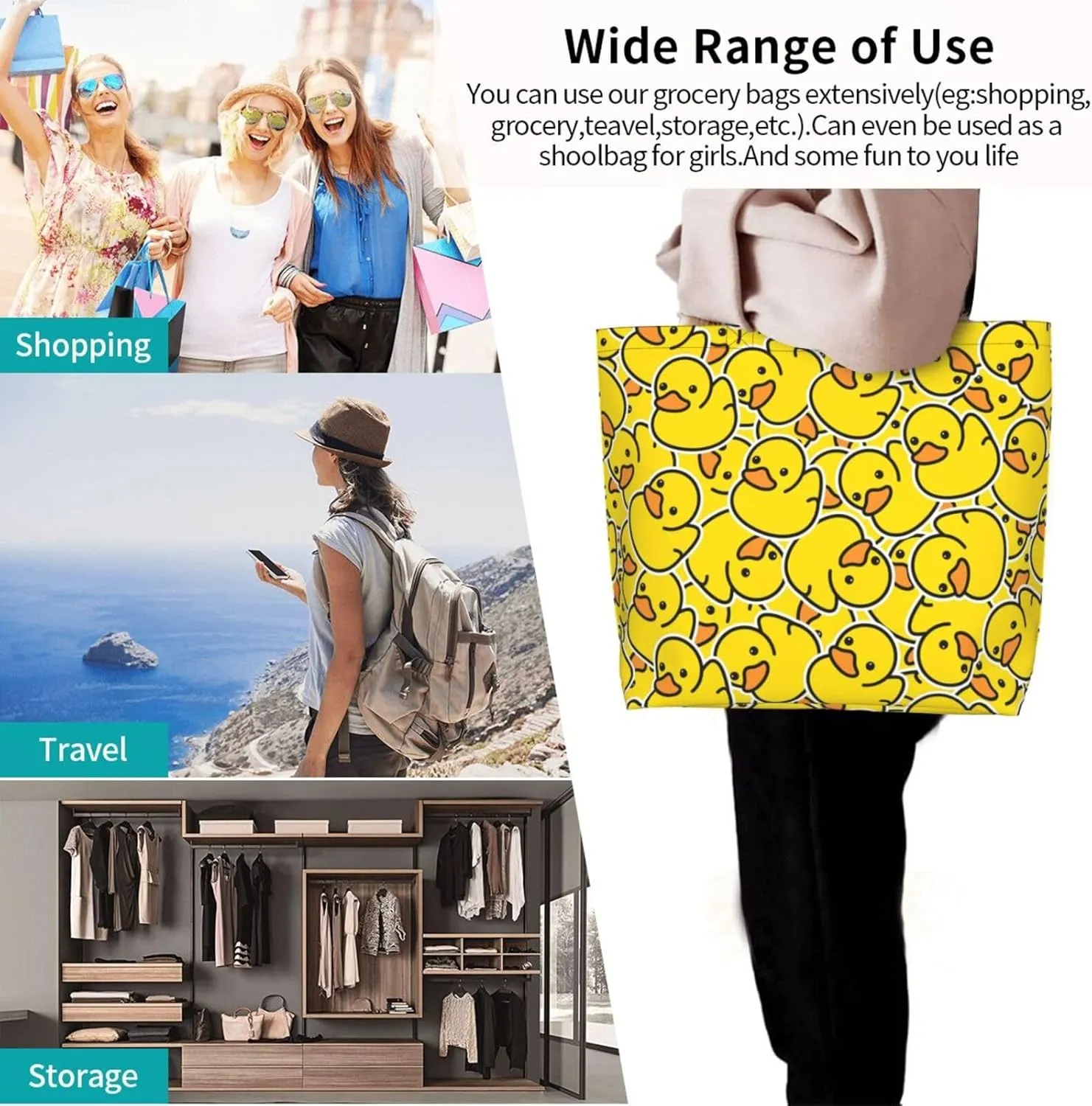 Cute Duck Print Bags for Women Men Reusable Grocery Shopping Bags Shoulder Bags for Shopping, Beach, Travel