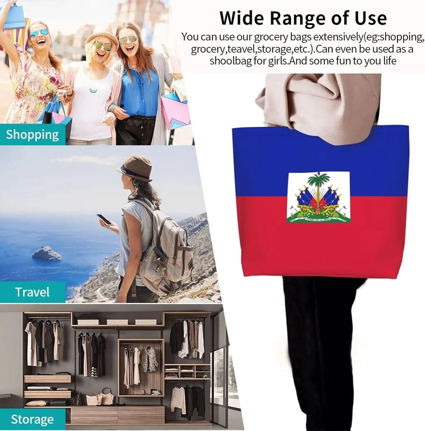 Cute Flag Large Tote Bag For Women Men Reusable Grocery Bag Shopping Shoulder Bag For Travel Work Beach Gym