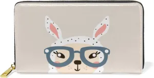 Cute Lama Face with Hi Alpaca Face with Glasses Leather Long Wallet Organizer with Zipper Purse Clutch Bag for Women Men