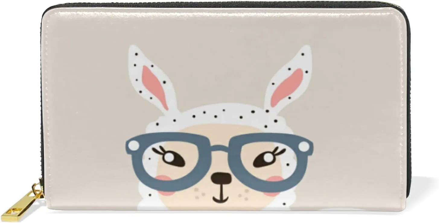 Cute Lama Face with Hi Alpaca Face with Glasses Leather Long Wallet Organizer with Zipper Purse Clutch Bag for Women Men