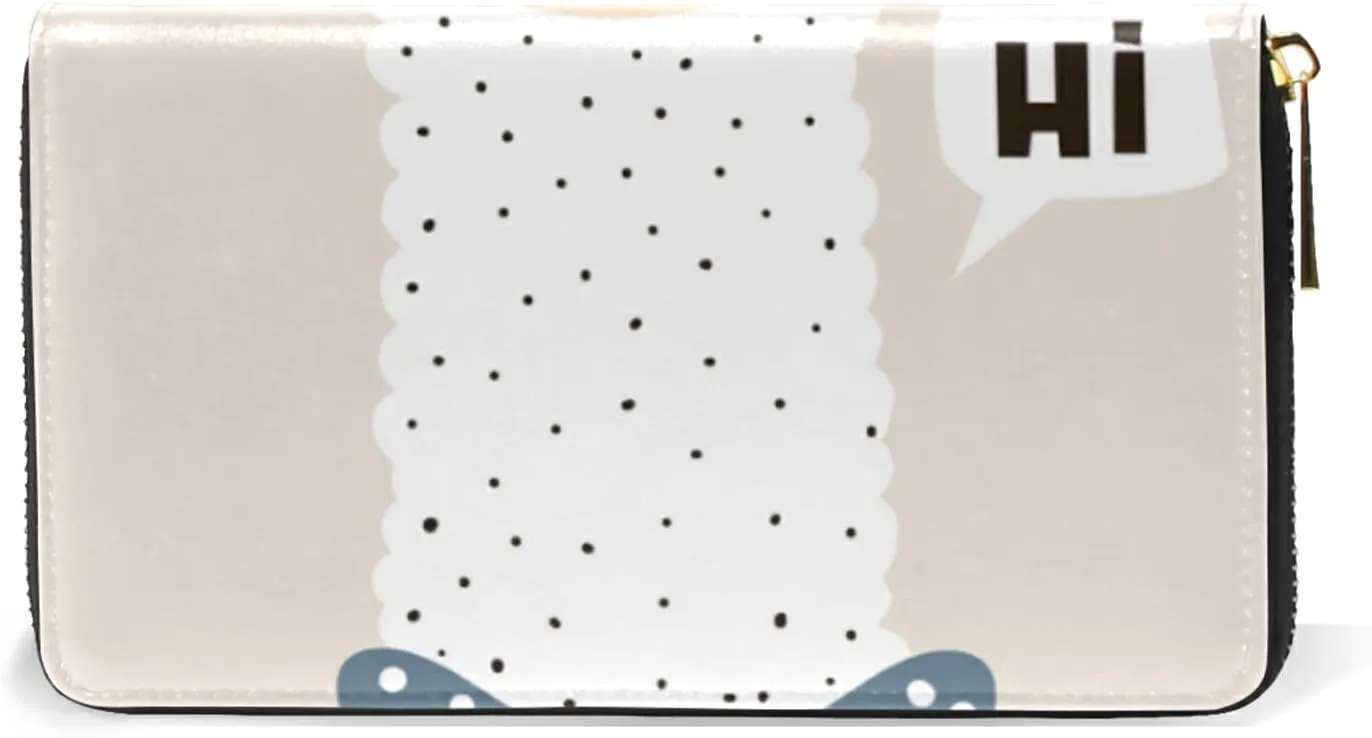 Cute Lama Face with Hi Alpaca Face with Glasses Leather Long Wallet Organizer with Zipper Purse Clutch Bag for Women Men