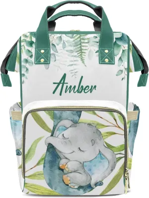 Cute Leaf Elephant Diaper Bags Custom Name Backpack Personalized Baby Nappy Travel Tote Bag for Mom Gift