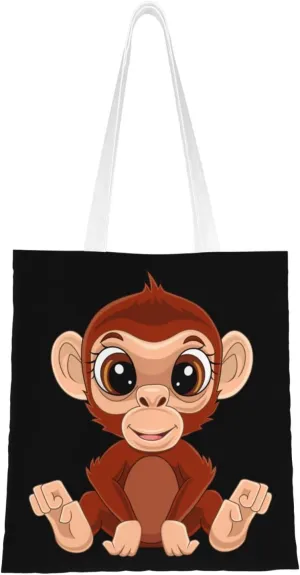 Cute Monkey Sitting on the Ground Tote Bag for Women Canvas Shopping Bags Reusable Large Capacity Casual Shoulder Handbags Grocery Bags DIY Gift Bags