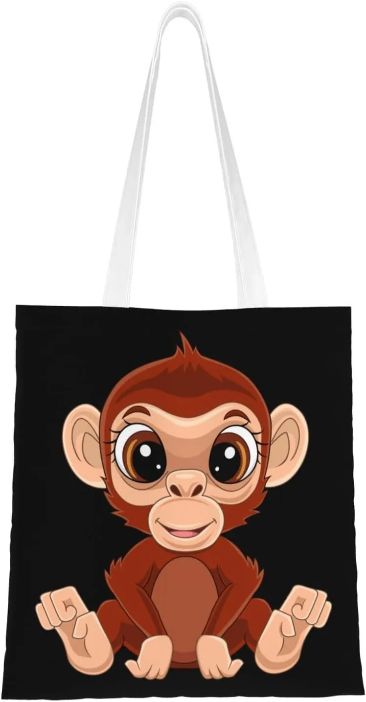 Cute Monkey Sitting on the Ground Tote Bag for Women Canvas Shopping Bags Reusable Large Capacity Casual Shoulder Handbags Grocery Bags DIY Gift Bags