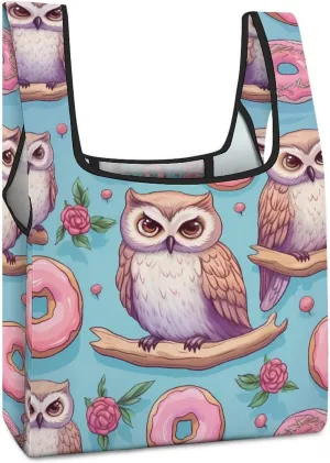 Cute Owls And Donuts Novelty Reusable Grocery Bag Fold-able Shopping Bags Washable Tote Lightweight Storage Pouch with Handle