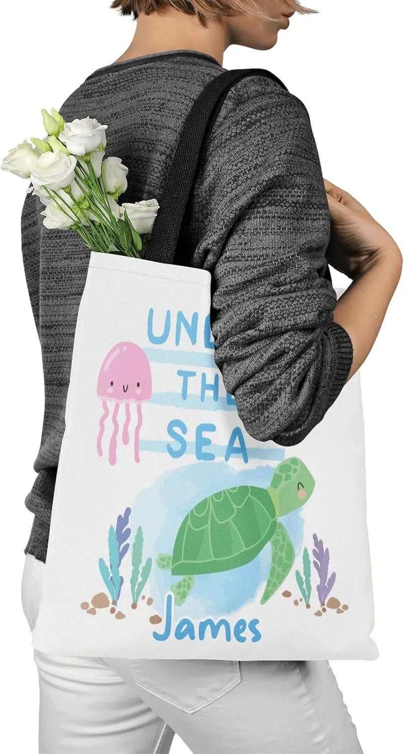 Cute Sea Turtle Personalized Canvas Tote Bags, Reusable Bags for Shopping,Travel,Handbag Gift