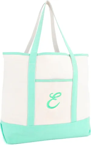DALIX Monogram Tote Bag For Women Open Top Mint Green Personalized Letter A-Z