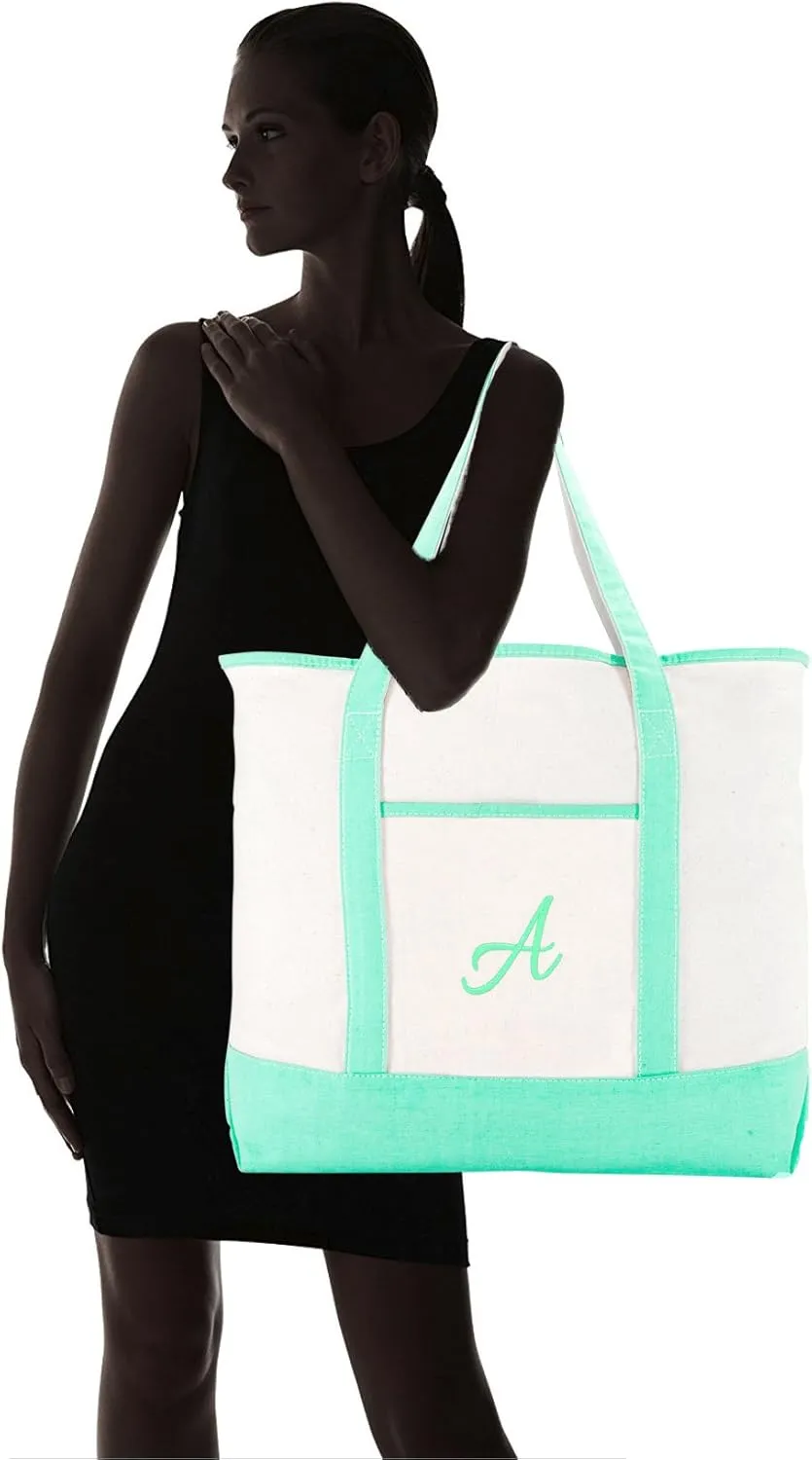 DALIX Monogram Tote Bag For Women Open Top Mint Green Personalized Letter A-Z
