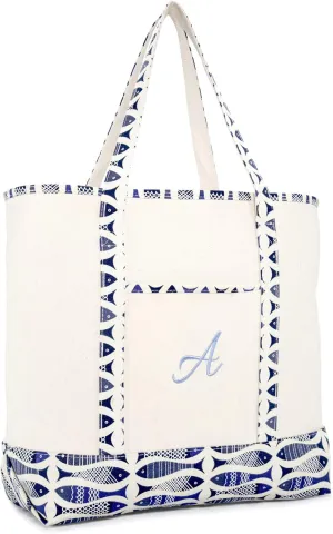 DALIX Personalized Shopping Tote Bag Monogram Initial Zippered Letter A-Z Fish