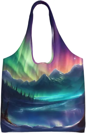 Dark Northern Lights Print Canvas Tote Bags,Reusable Cloth Bags For Shopping Beach Grocery Trendy