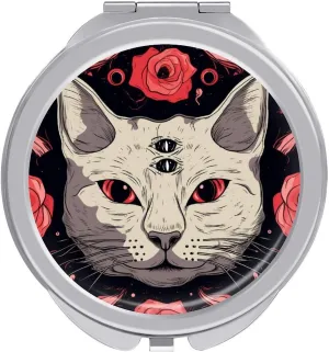 Dark Witchy Cat Rose Compact Mirror Pocket Mirror Small Mirror for Purse Portable Mini Travel Makeup Mirror Folding Handheld Double-Sided Magnifying Compact Mirror for Women Gift