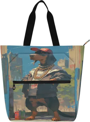 Decorative Books Totes Book Bag for Boys Girls Adults, Dachshund Dog with Gold Chains Urban Hip-Personalized Style Lightweight Handbags Grocery Bag with Zipper for School Shopping Travel Rainbow bolso