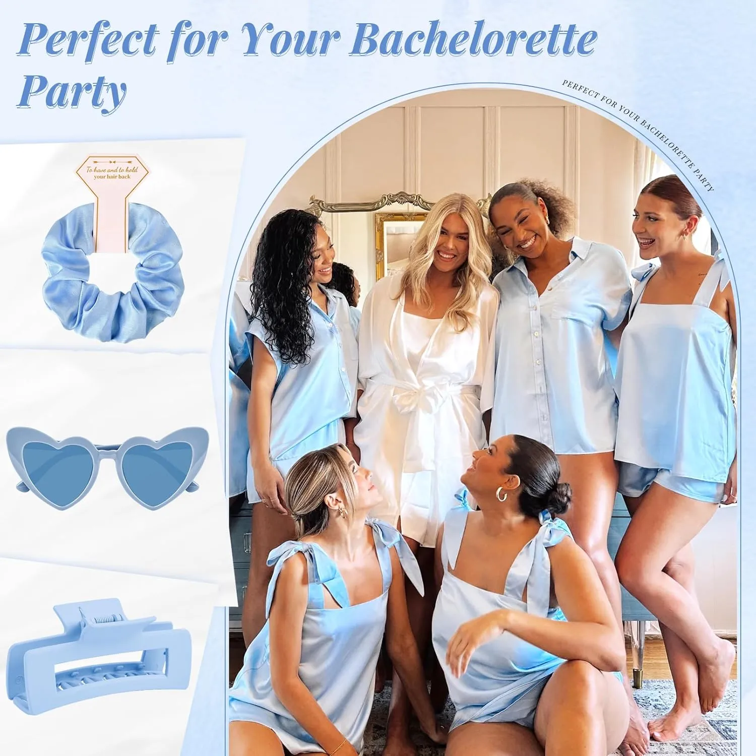 DEEKA 36 Pcs Bachelorette Party Favors Decorations Bridesmaid Proposal Gifts Heart Sunglasses Hair Claw Clips Satin Scrunchies Accessories Set for Bridal Wedding Party (White&Blue)