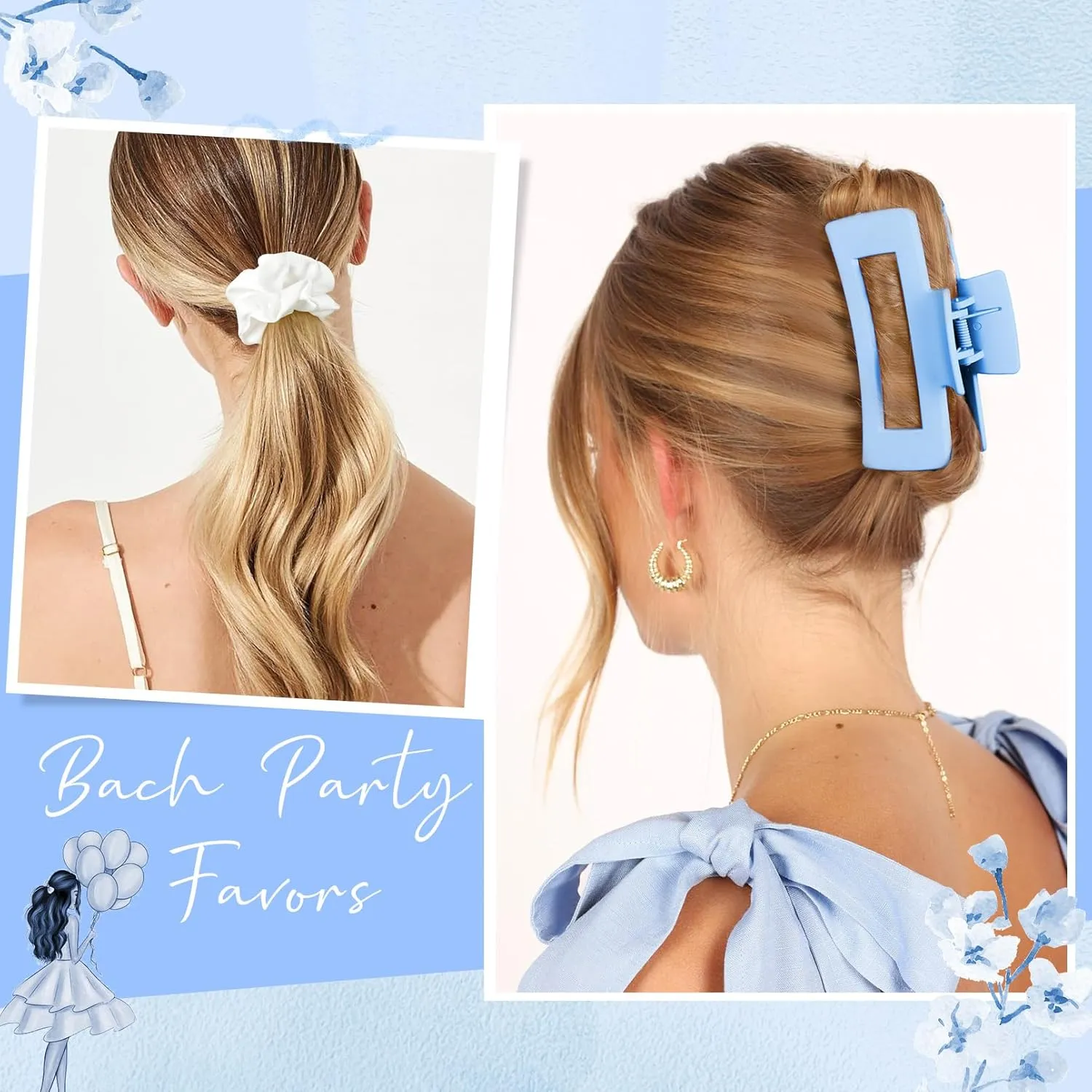DEEKA 36 Pcs Bachelorette Party Favors Decorations Bridesmaid Proposal Gifts Heart Sunglasses Hair Claw Clips Satin Scrunchies Accessories Set for Bridal Wedding Party (White&Blue)