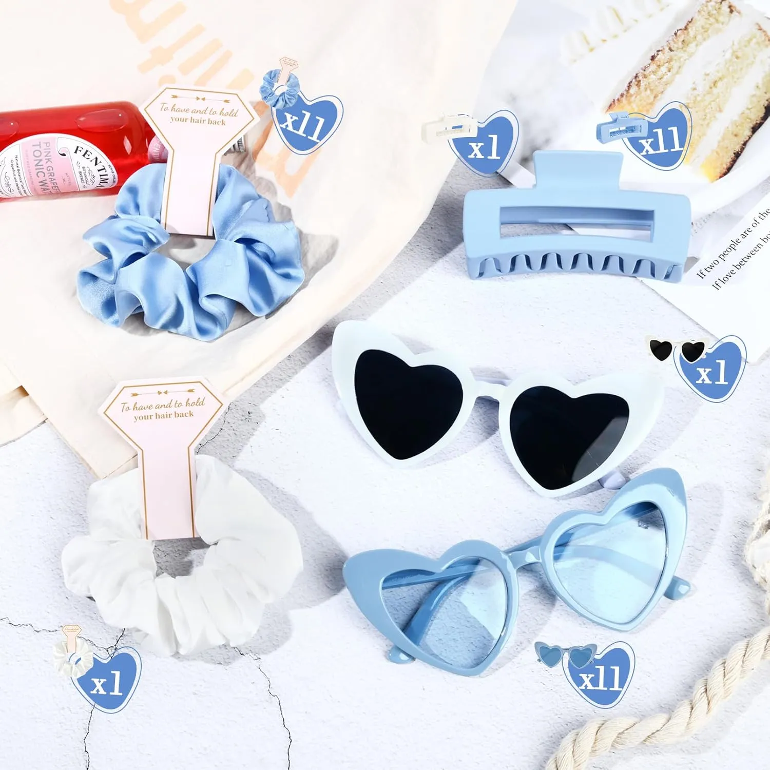 DEEKA 36 Pcs Bachelorette Party Favors Decorations Bridesmaid Proposal Gifts Heart Sunglasses Hair Claw Clips Satin Scrunchies Accessories Set for Bridal Wedding Party (White&Blue)