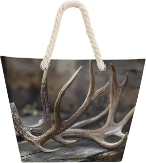 Deer Antlers On Wood Table Rustic Beach Bag Large Tote Bags Shopping Travel Gym Handbags with Rope Handles