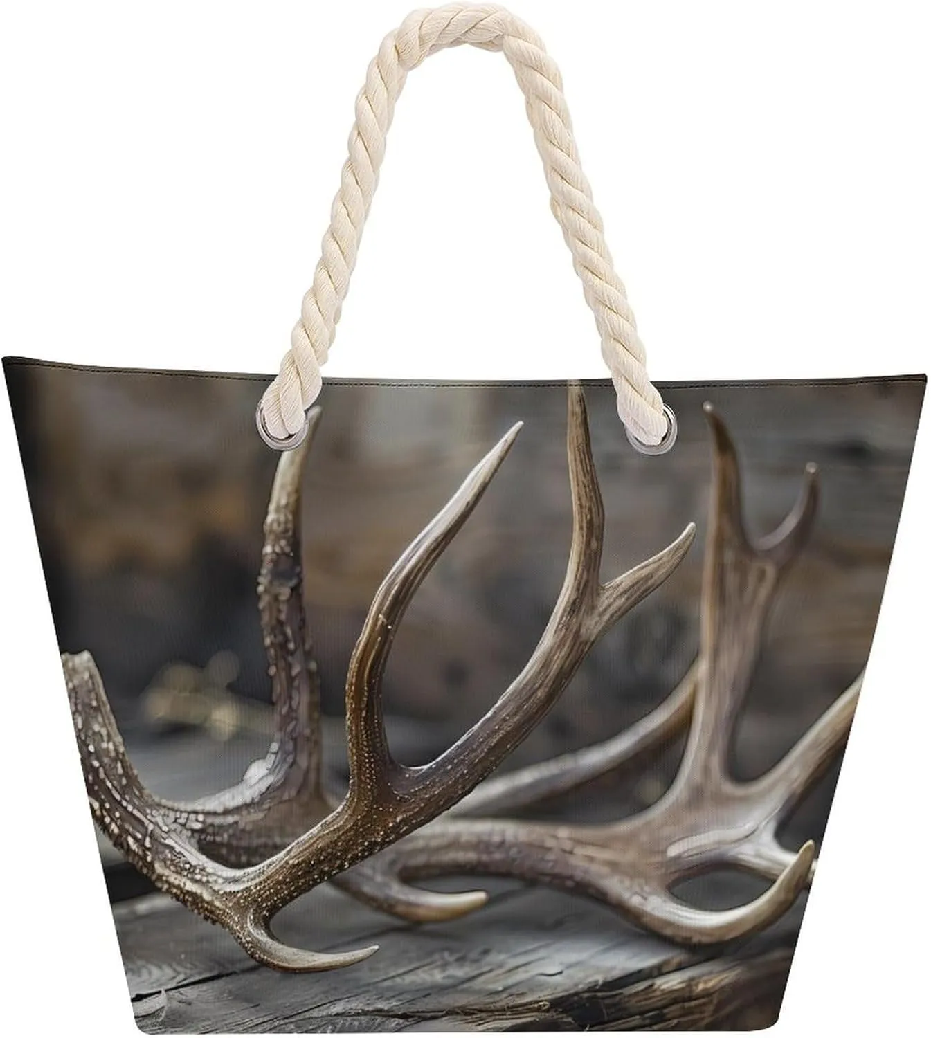 Deer Antlers On Wood Table Rustic Beach Bag Large Tote Bags Shopping Travel Gym Handbags with Rope Handles