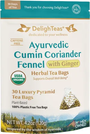 DelighTeas Organic Digest & Detox CCF Tea with Ginger | Eco-Conscious Pyramid Tea Bags | Ayurvedic Cumin Coriander Fennel Ginger Tea | USDA Organic, Vegan, Caffeine Free, Kosher | 30 Tea Bags, 4g each