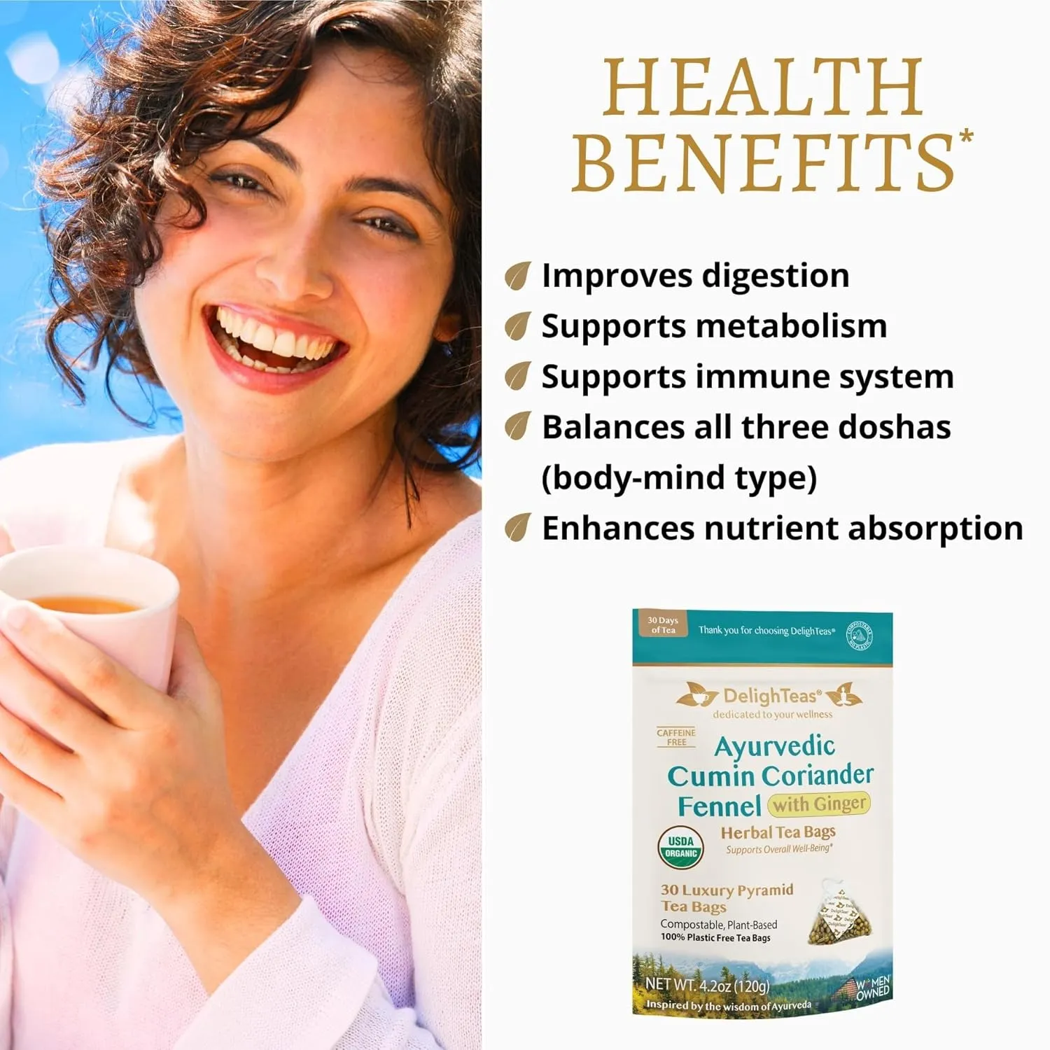 DelighTeas Organic Digest & Detox CCF Tea with Ginger | Eco-Conscious Pyramid Tea Bags | Ayurvedic Cumin Coriander Fennel Ginger Tea | USDA Organic, Vegan, Caffeine Free, Kosher | 30 Tea Bags, 4g each