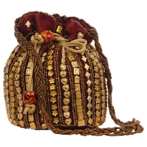 Designer Beads Studded Handcrafted Silk Potli Bag Coffee