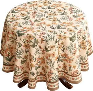 Designer Linen Block Print Round Tablecloth,William Morris Vintage Table Cloth,Wrinkle Free Tablecloths,Decor Table Cover for Kitchen,Dining,Tea Party,Home,Christmas,Diameter 67"