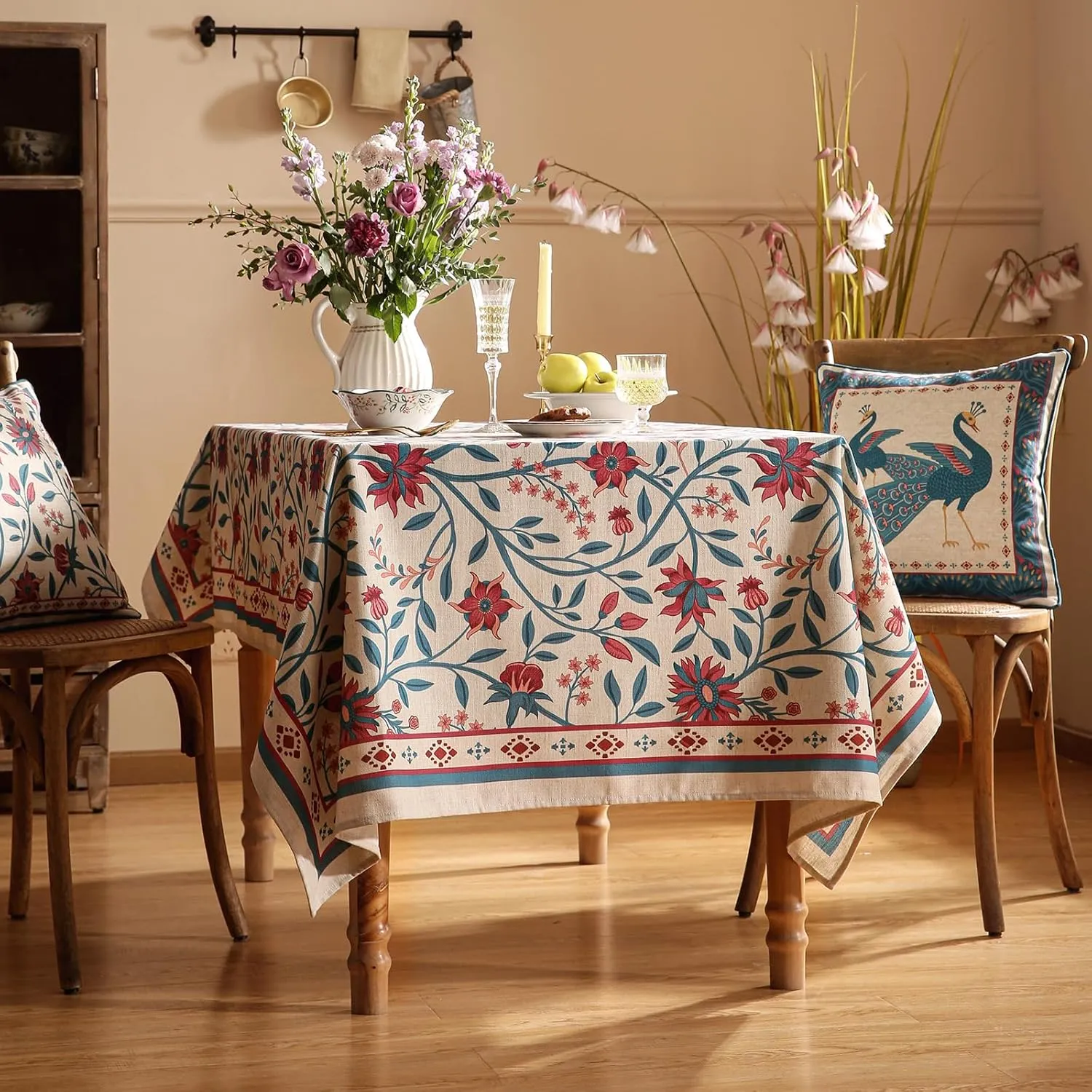 Designer Linen Tablecloth,French Country Print Floral Pattren Table Cloth for Rectangle Tables,Decor Table Cover for Kitchen,Dining,Tea Party,Home,Christmas,55"*71"