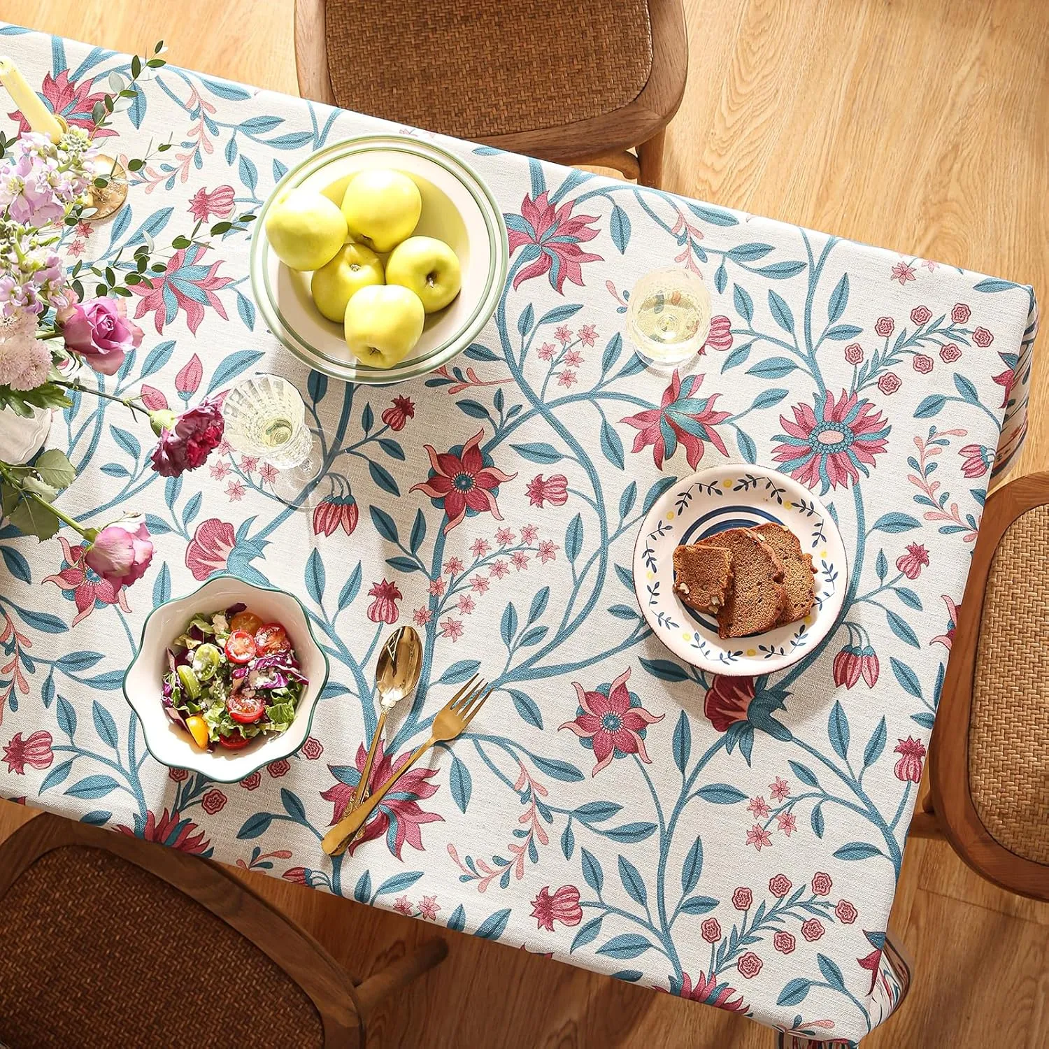 Designer Linen Tablecloth,French Country Print Floral Pattren Table Cloth for Rectangle Tables,Decor Table Cover for Kitchen,Dining,Tea Party,Home,Christmas,55"*71"