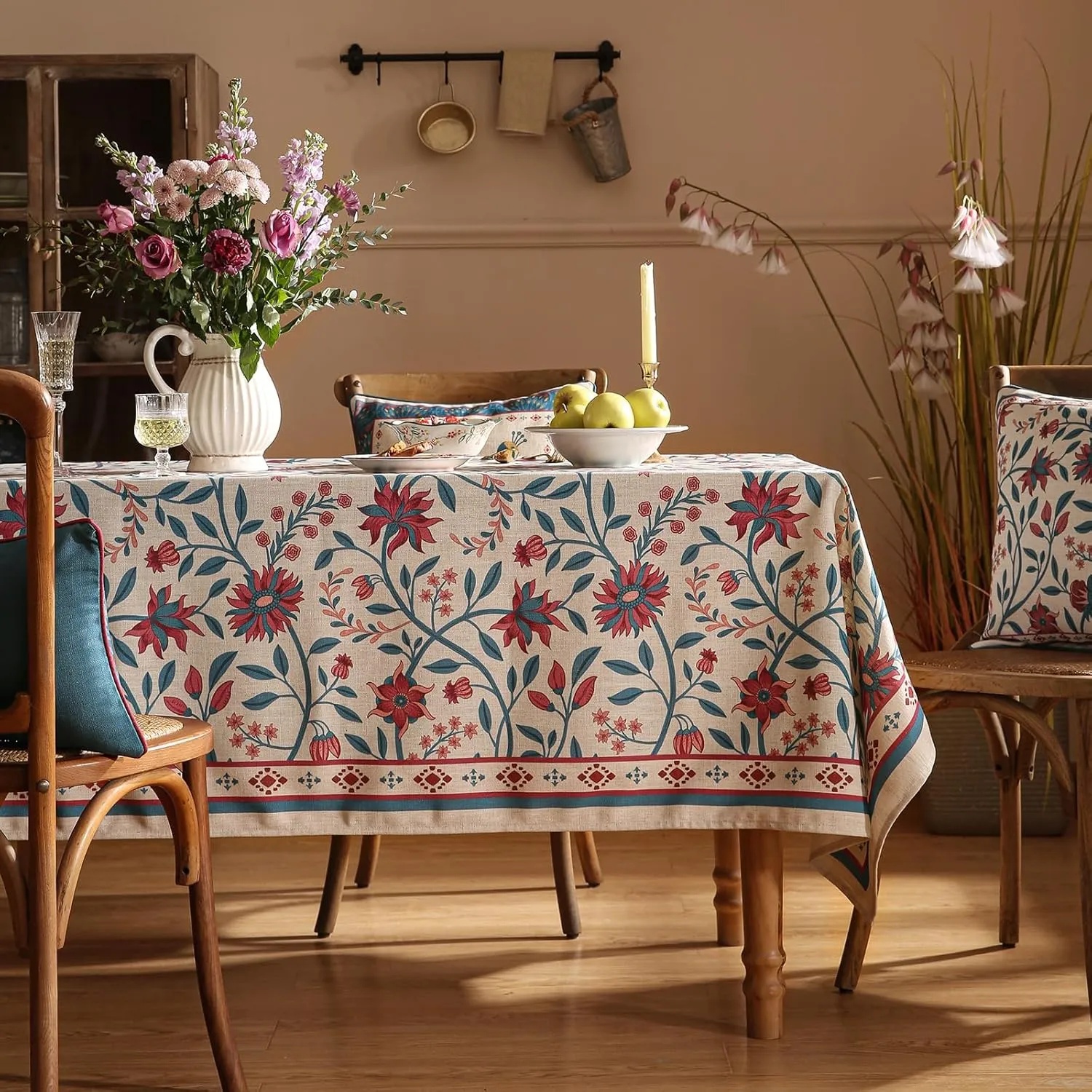 Designer Linen Tablecloth,French Country Print Floral Pattren Table Cloth for Rectangle Tables,Decor Table Cover for Kitchen,Dining,Tea Party,Home,Christmas,55"*71"
