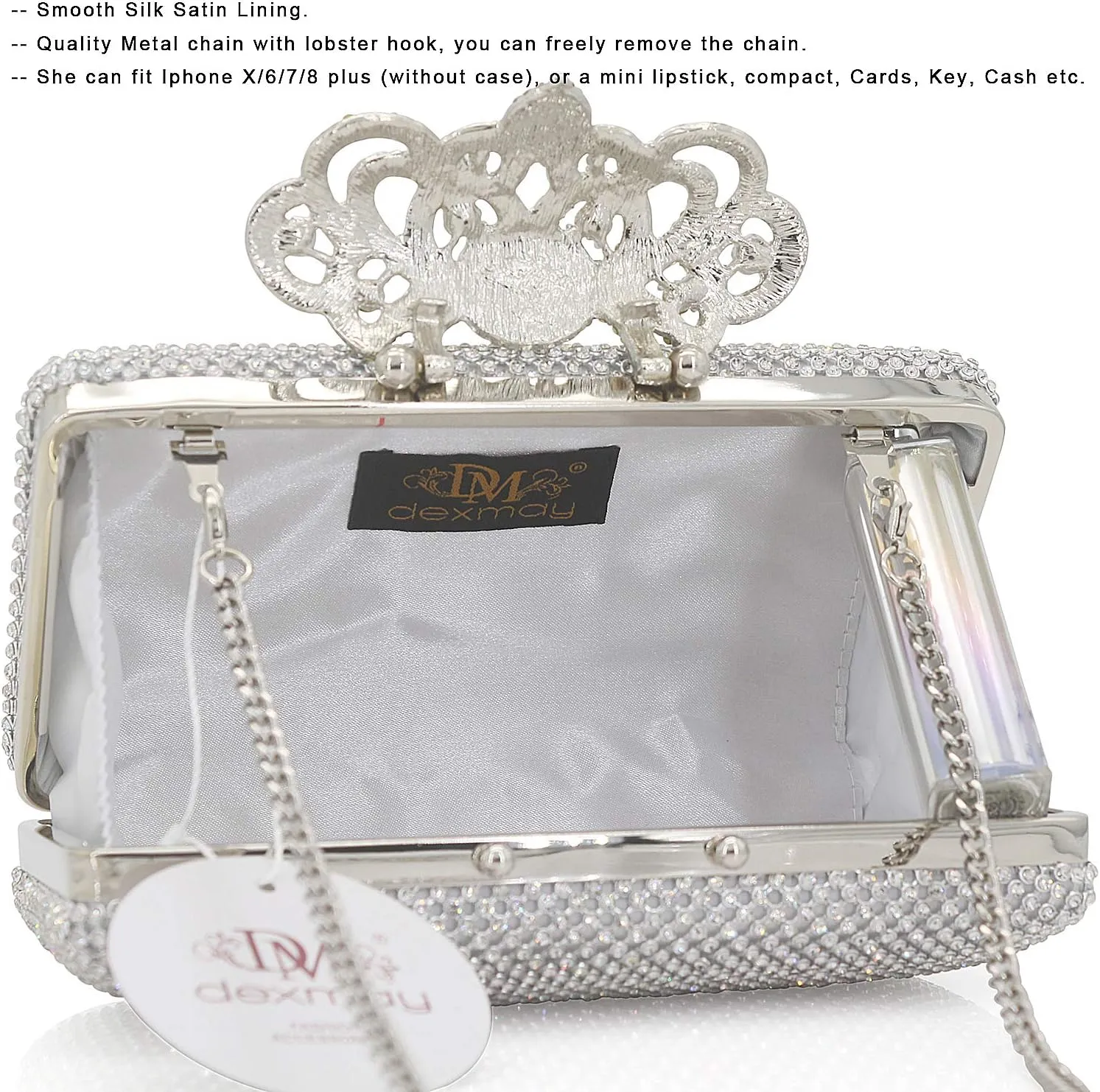 Dexmay Rhinestone Clutch Bag with Crystal Crown Clasp Women Evening Handbag Formal Party Purse