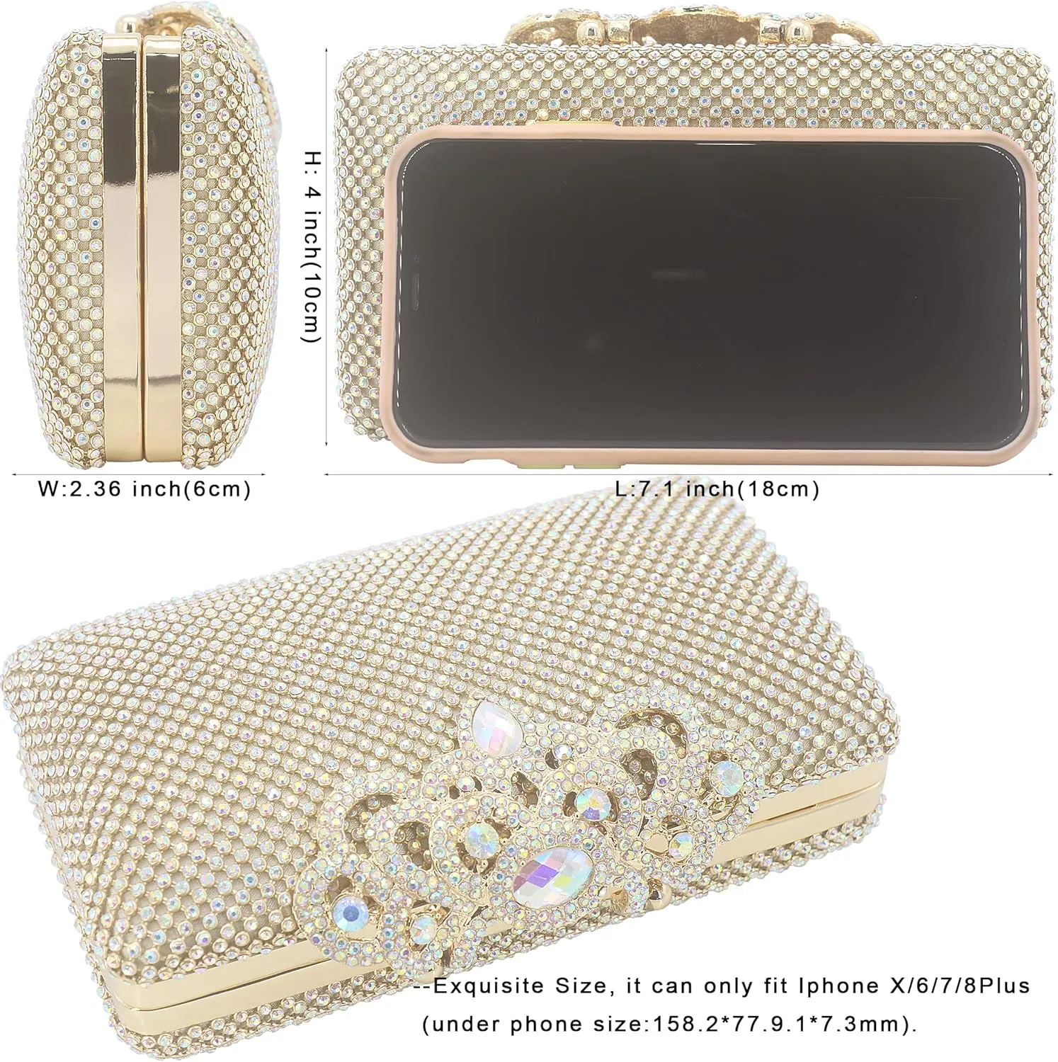 Dexmay Rhinestone Clutch Bag with Crystal Crown Clasp Women Evening Handbag Formal Party Purse