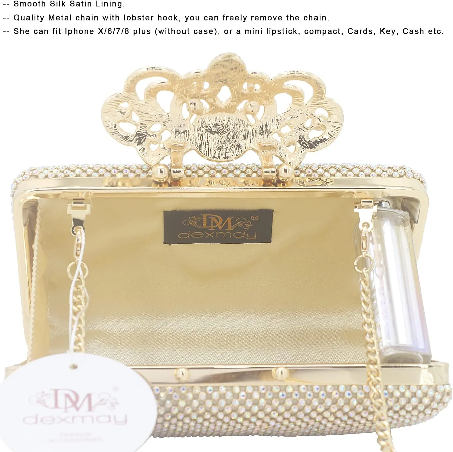 Dexmay Rhinestone Clutch Bag with Crystal Crown Clasp Women Evening Handbag Formal Party Purse
