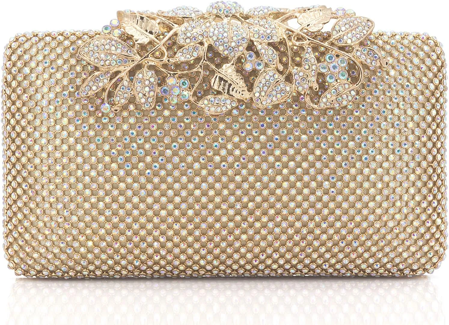 Dexmay Rhinestone Crystal Clutch Evening Bag with Flower Clasp Women Purse for Wedding Iridescent Gold