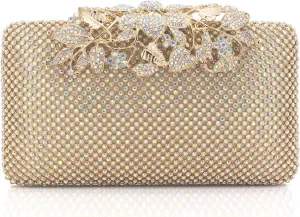 Dexmay Rhinestone Crystal Clutch Evening Bag with Flower Clasp Women Purse for Wedding Iridescent Gold