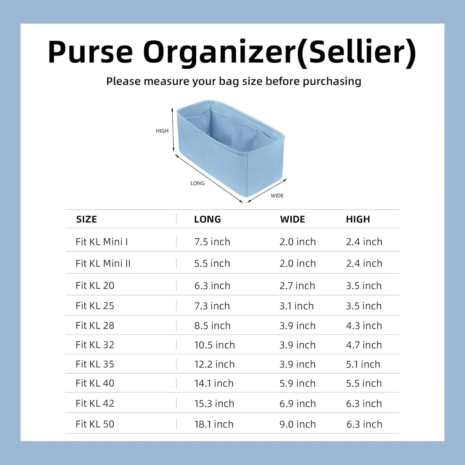 DGAZ Bag Organizer Insert For Kelly pochette/mini II /20/25/28/32/35/40/42/45 Bags, Silk Purse Organizer, Simplicity Handbag & Tote Organizer(Azure,KL25 Sellier)