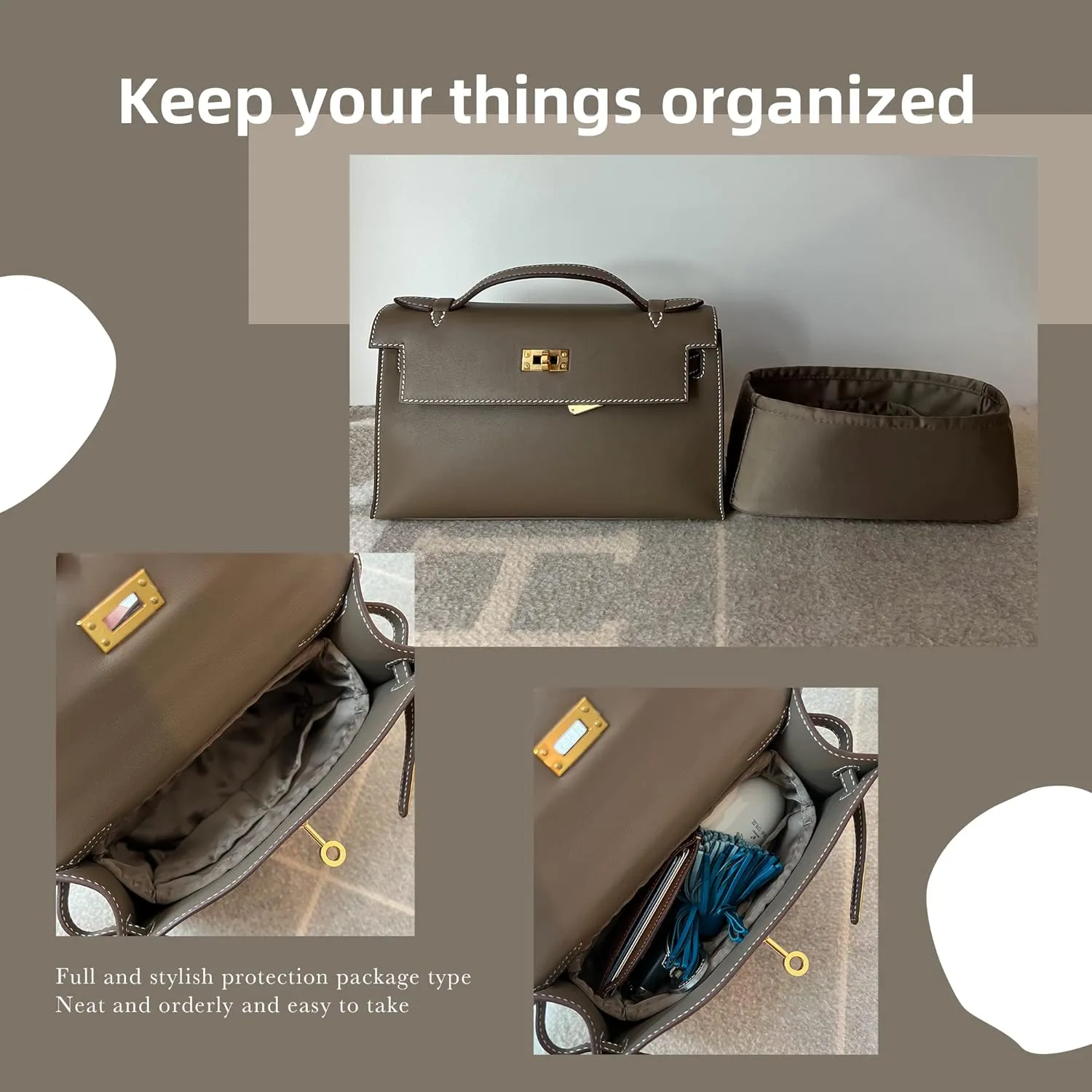 DGAZ Bag Organizer Insert, Silk Purse Organizer, Luxury Handbag & Tote Organizer, Fits mini Kelly Bags (Etoupe grey, miniKelly2)