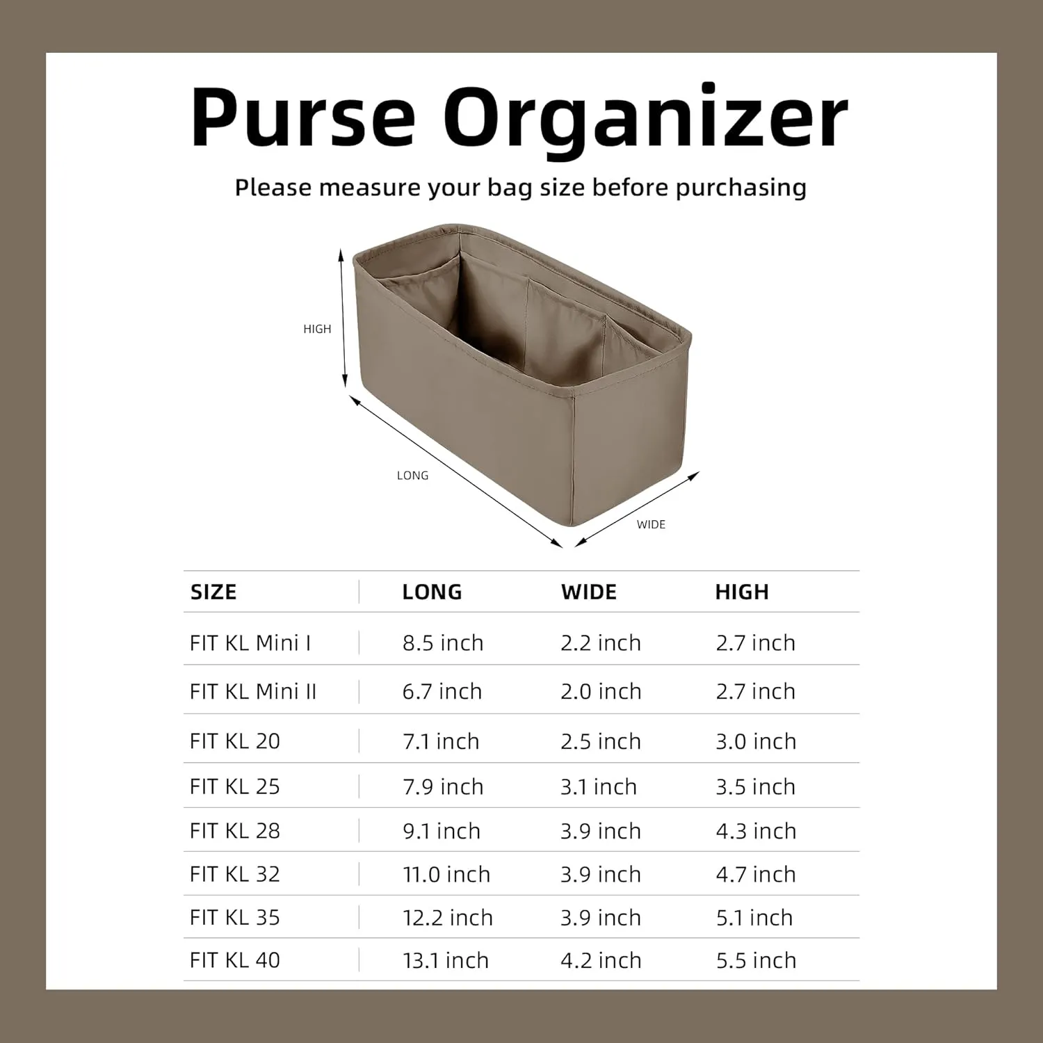 DGAZ Bag Organizer Insert, Silk Purse Organizer, Luxury Handbag & Tote Organizer, Fits mini Kelly Bags (Etoupe grey, miniKelly2)