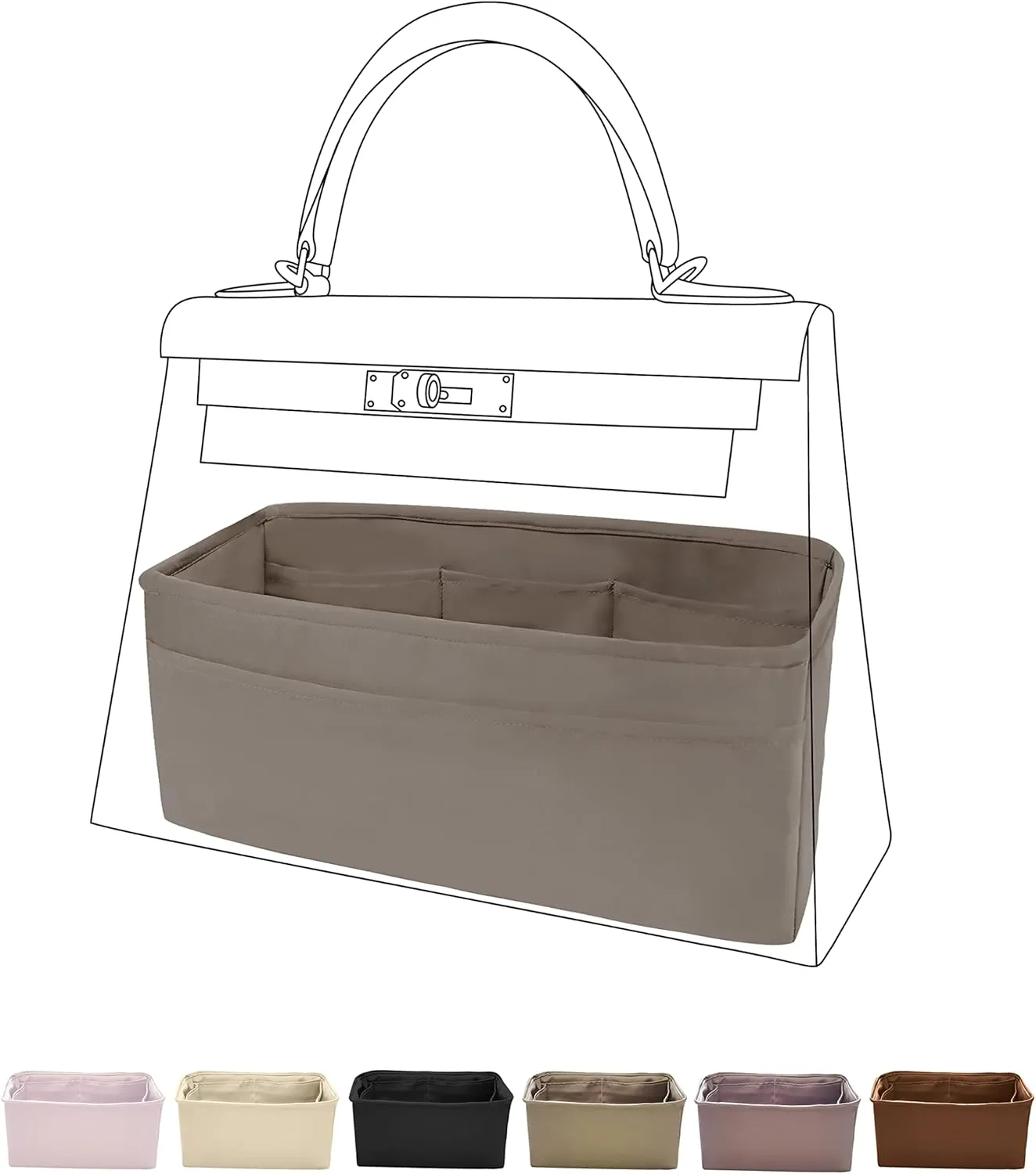 DGAZ Bag Organizer Insert, Silk Purse Organizer, Luxury Handbag & Tote Organizer, Fits mini Kelly Bags (Etoupe grey, miniKelly2)