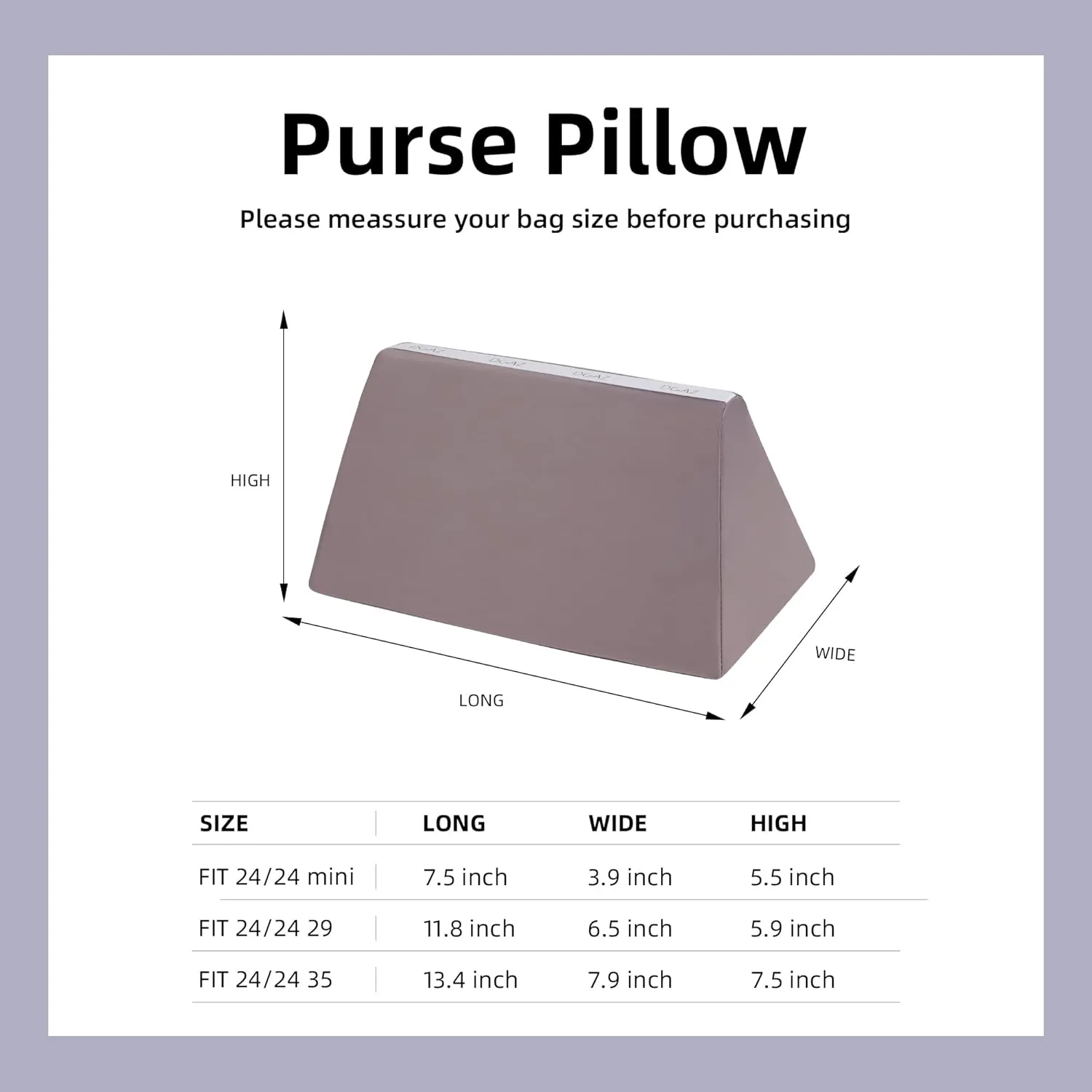 DGAZ Bag Pillow Shaper Insert for Luxury Handbags, Silky Pillow Shaper for Hermes 24/24-mini Bags（Konjac purple）