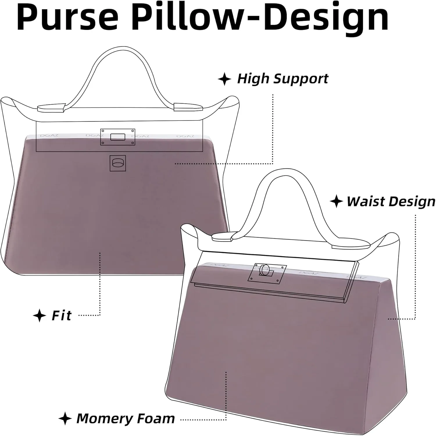 DGAZ Bag Pillow Shaper Insert for Luxury Handbags, Silky Pillow Shaper for Hermes 24/24-mini Bags（Konjac purple）