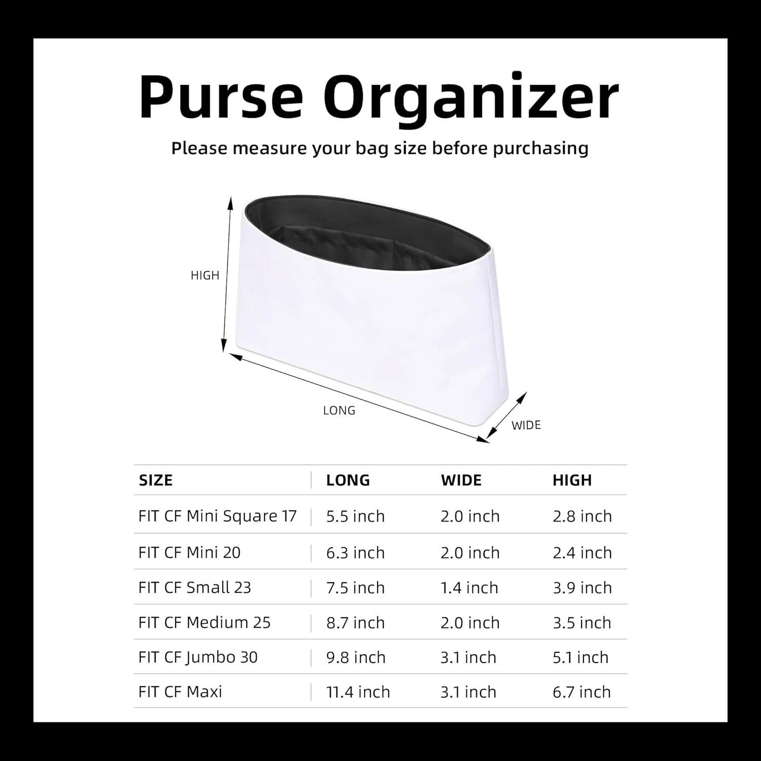 DGAZ Lightweight Purse Organizer Insert for Chanel CF Bag,Silk and Dupontpaper handbag inner for Luxury Bags(Black,CF mini square 17)