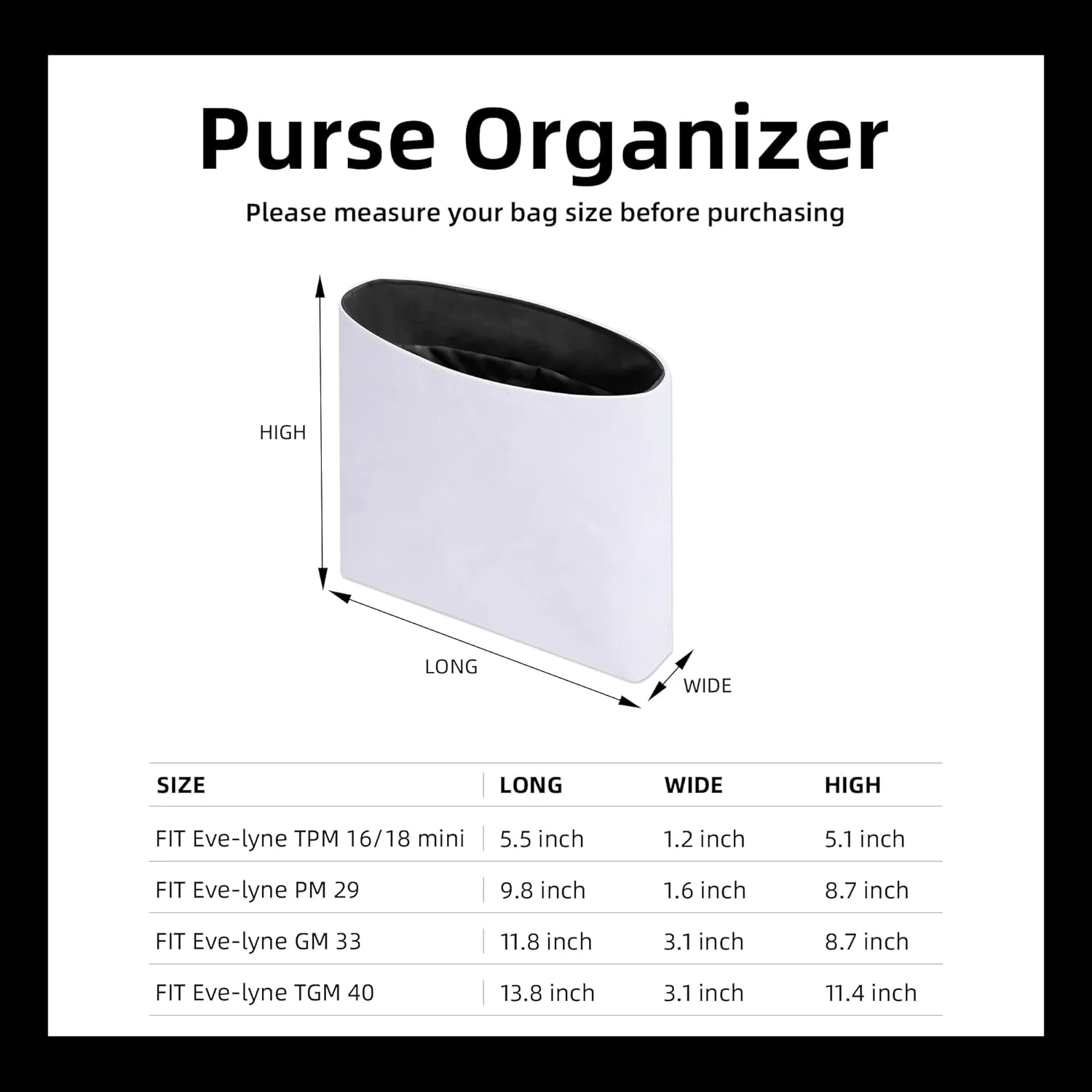 DGAZ Lightweight Purse Organizer Insert for Hermes Evelyne Bag,Silk and Dupontpaper handbag inner for Luxury Bags(Black,PM29)