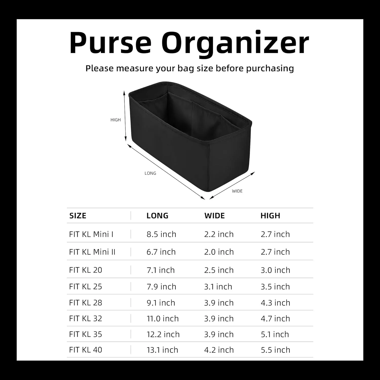 DGAZ Luxury Silk Bag Organizer, Rectangular Insert for Kelly Mini I/II, 20/25/28/32/35/40 Bags (Black)