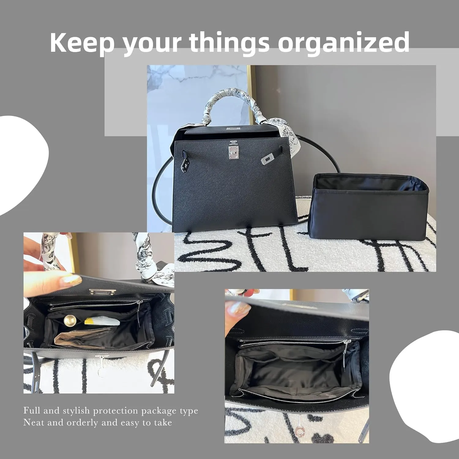 DGAZ Luxury Silk Bag Organizer, Rectangular Insert for Kelly Mini I/II, 20/25/28/32/35/40 Bags (Black)