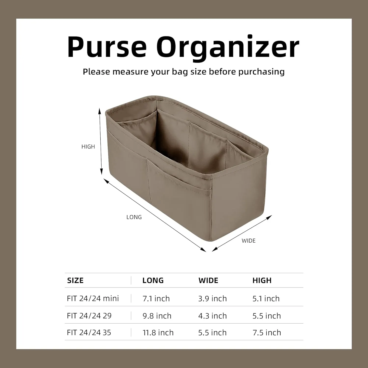 DGAZ Purse Organizer Insert, Silky Handbag & Tote Organizer, Bag in Bag, Fits Hermes 24/24-29 Bags（Etoupe grey，29）