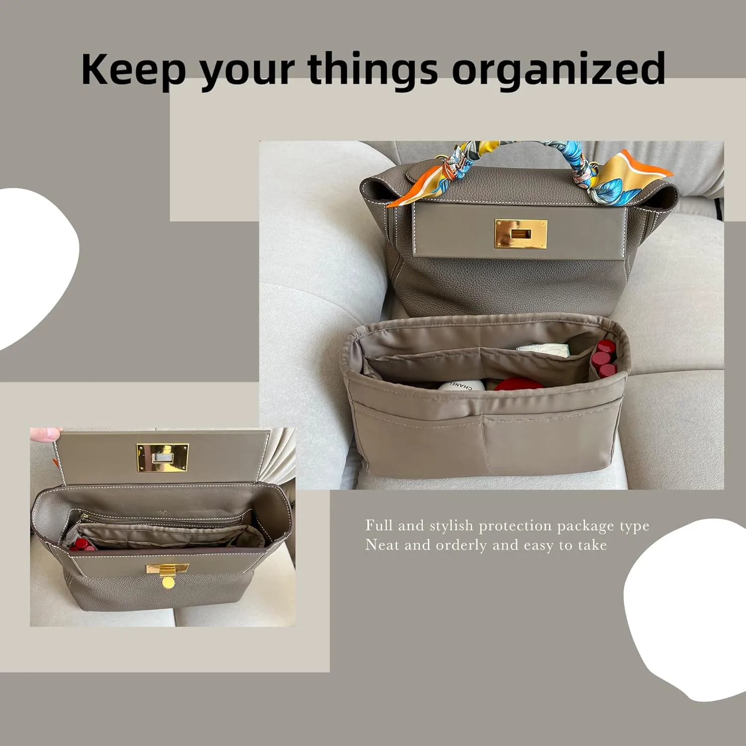 DGAZ Purse Organizer Insert, Silky Handbag & Tote Organizer, Bag in Bag, Fits Hermes 24/24-29 Bags（Etoupe grey，29）