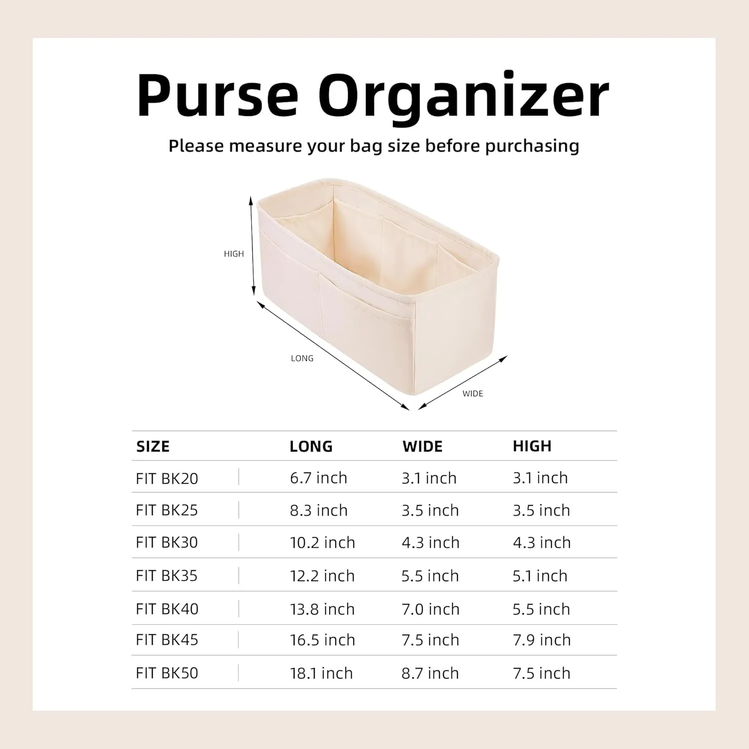 DGAZ Purse Organizer Silky Smooth Fits Birkin 20/25/30/35/40/45/50 Bags,Silk,Luxury Handbag Tote in Bag Shapers, Women(Craie,BK20)