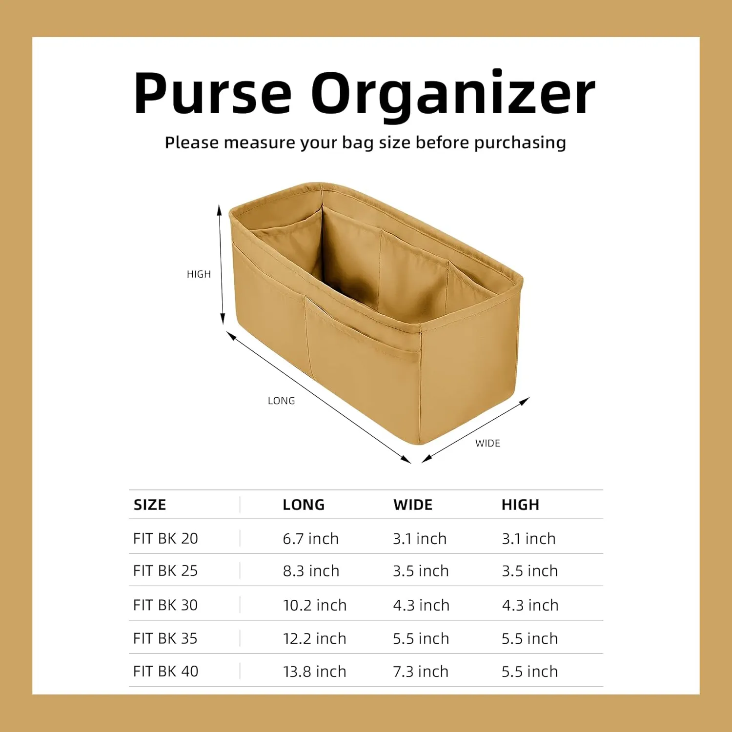 DGAZ Purse Organizer Silky Smooth Fits Birkin 25/30/35/40 Bags,Silk,Luxury Handbag Tote in Bag Shapers, Women(Biscuit color,BK30)
