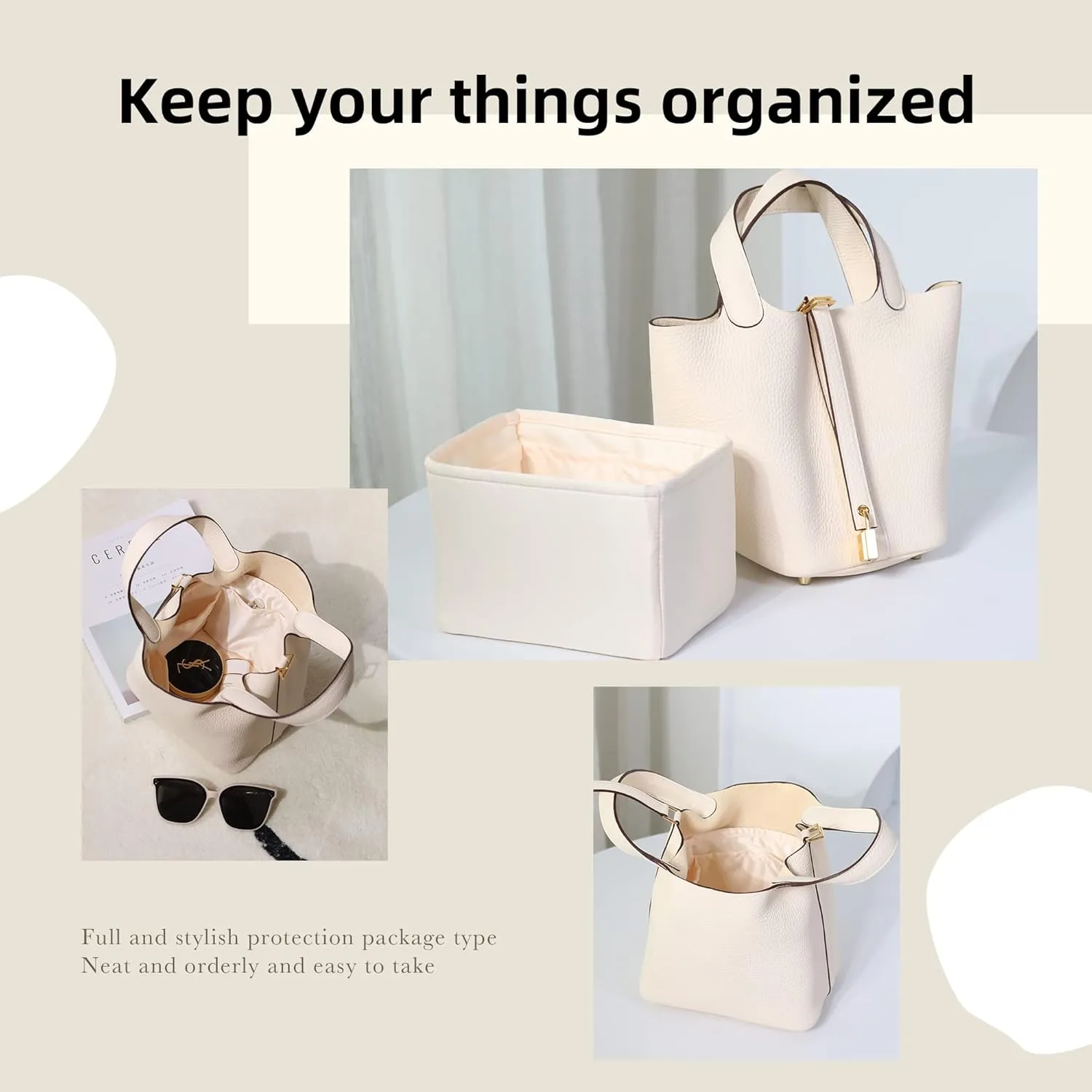 DGAZ Purse Organizer Silky Smooth,Silk,Luxury Handbag Tote in Bag Shapers, Women- Fits picotin18/22Bags (Craie, PC22)