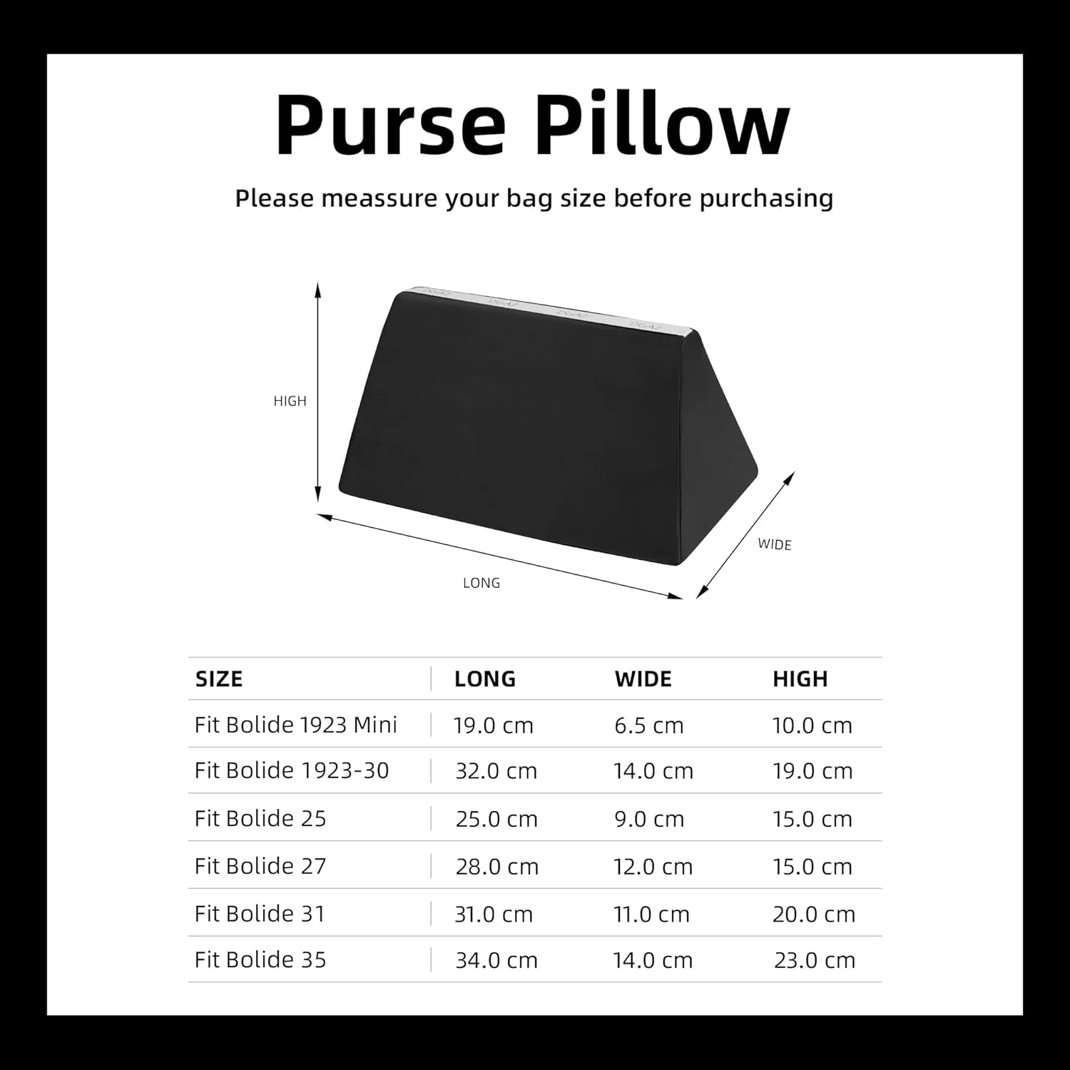 DGAZ Purse Pillow Shaper Insert for Bolide 1923mini/25/27/31/35 Bags, Silky Pillow Shaper for Luxury Handbags(Black,1923mini)