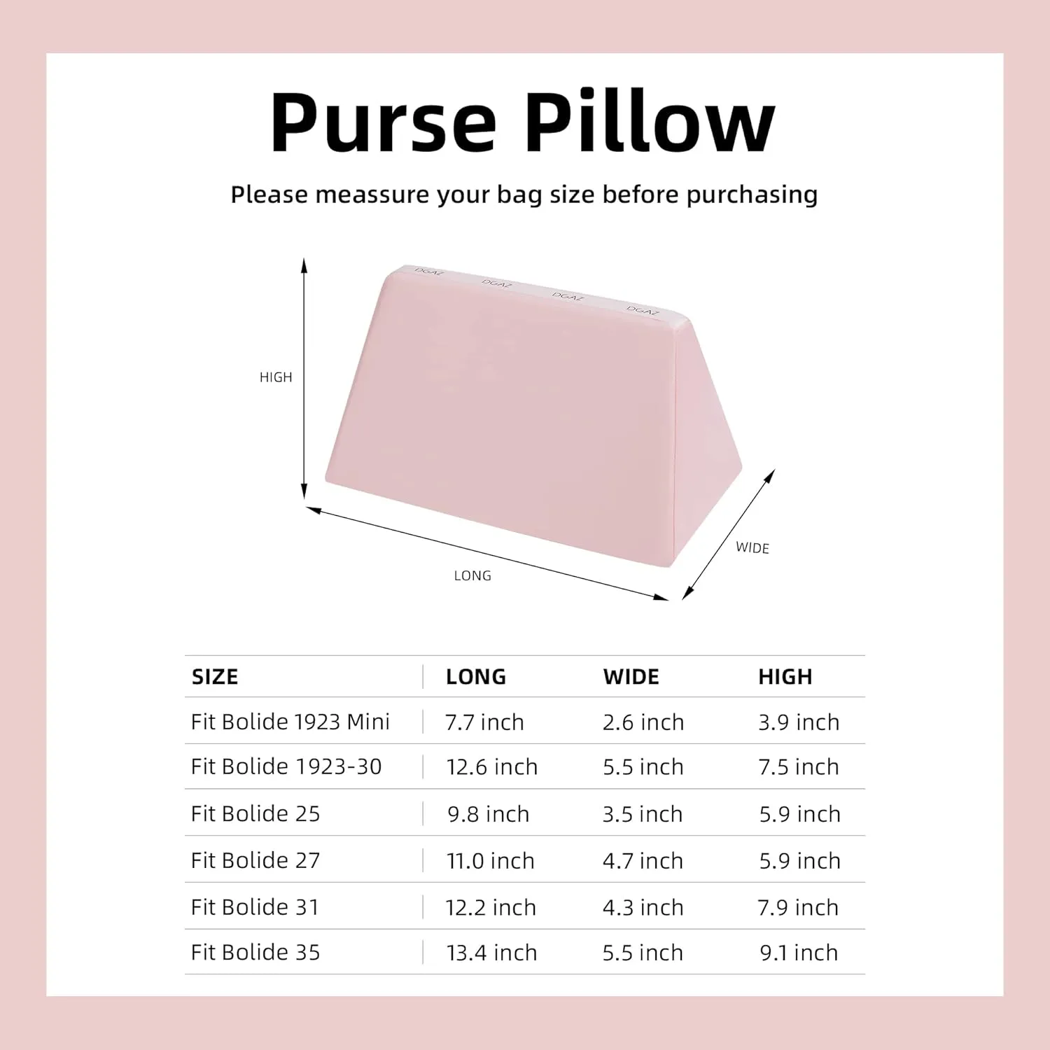 DGAZ Purse Pillow Shaper Insert for Bolide 1923mini/25/27/31/35 Bags, Silky Pillow Shaper for Luxury Handbags(Pink,1923mini)
